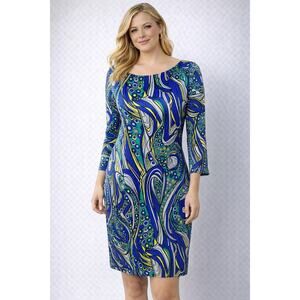 ECI Designer Size 6 Silk Sheath Dress Flutter 3/4 Sleeves Groovy 60s Print